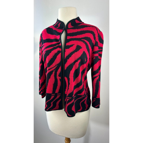 Ming Wang Open Front Knit Cardigan Jacket Red & Black Animal Print Tiger PM - Picture 13 of 16